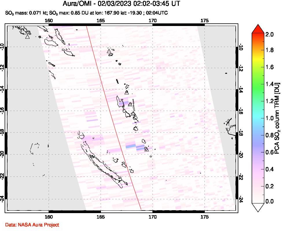 A sulfur dioxide image over Vanuatu, South Pacific on Feb 03, 2023.