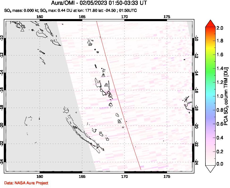 A sulfur dioxide image over Vanuatu, South Pacific on Feb 05, 2023.