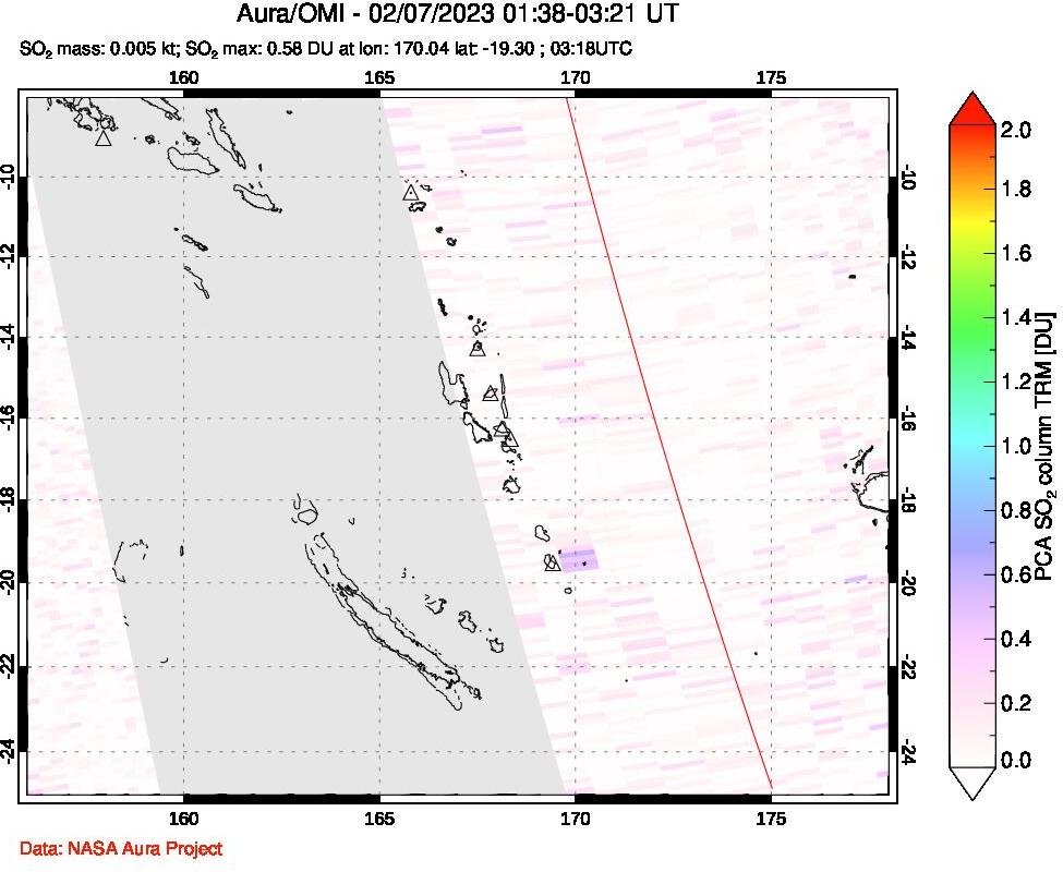 A sulfur dioxide image over Vanuatu, South Pacific on Feb 07, 2023.