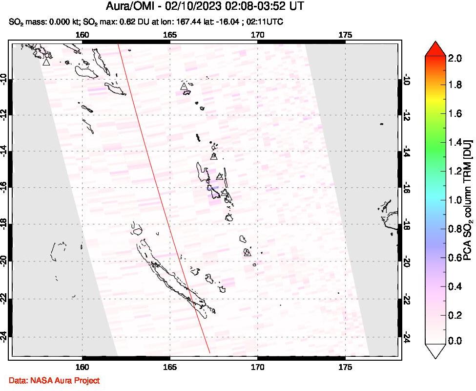 A sulfur dioxide image over Vanuatu, South Pacific on Feb 10, 2023.