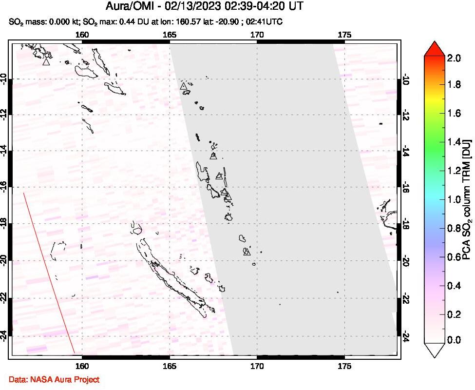A sulfur dioxide image over Vanuatu, South Pacific on Feb 13, 2023.