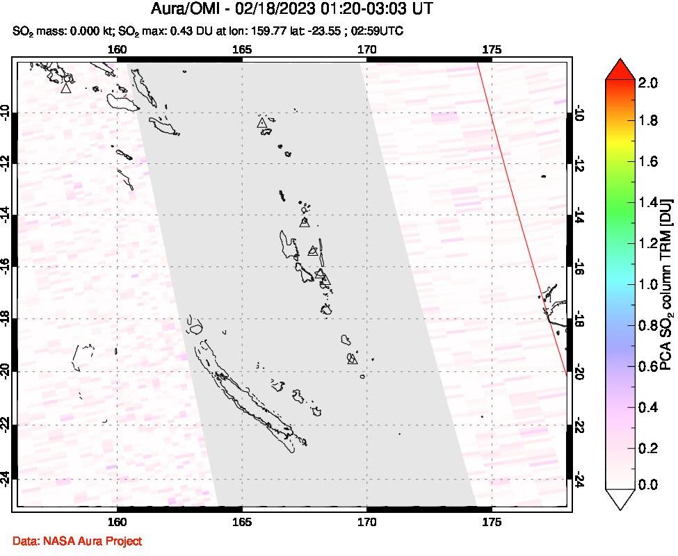A sulfur dioxide image over Vanuatu, South Pacific on Feb 18, 2023.