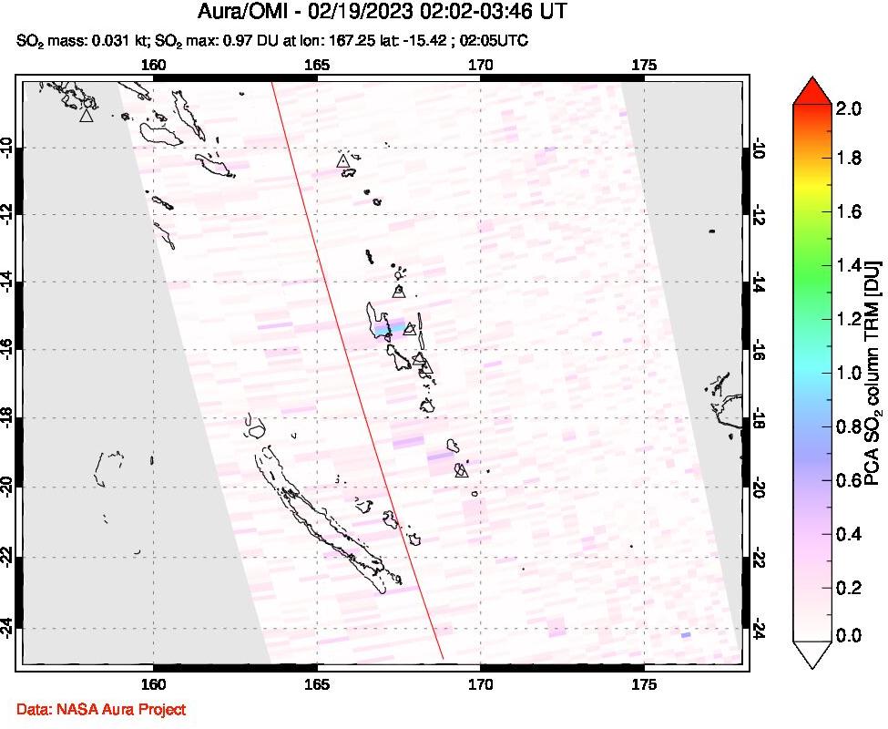 A sulfur dioxide image over Vanuatu, South Pacific on Feb 19, 2023.