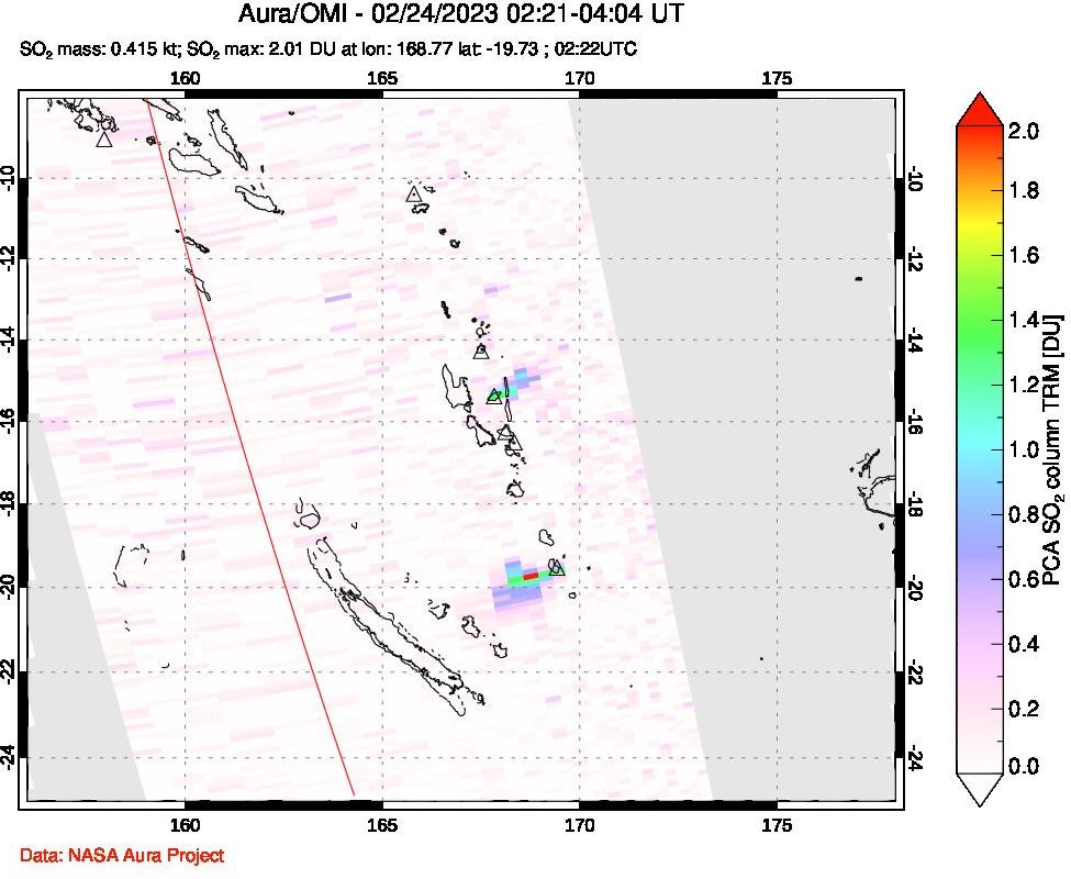 A sulfur dioxide image over Vanuatu, South Pacific on Feb 24, 2023.