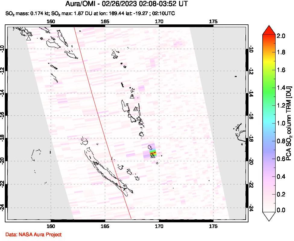 A sulfur dioxide image over Vanuatu, South Pacific on Feb 26, 2023.