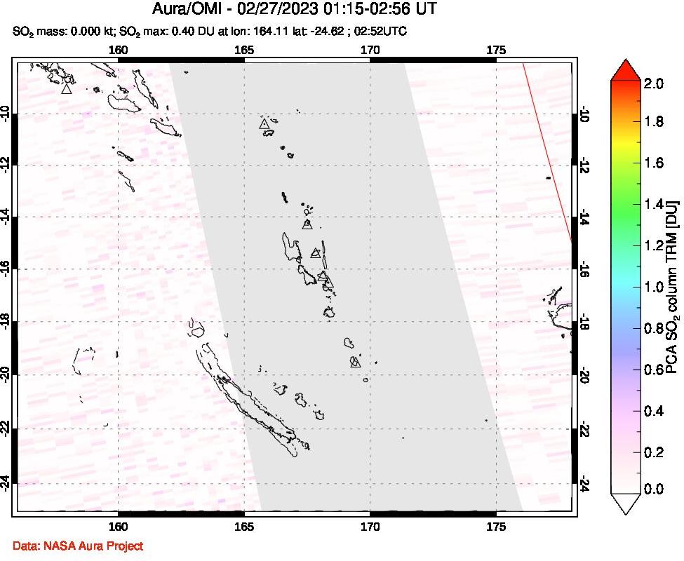 A sulfur dioxide image over Vanuatu, South Pacific on Feb 27, 2023.