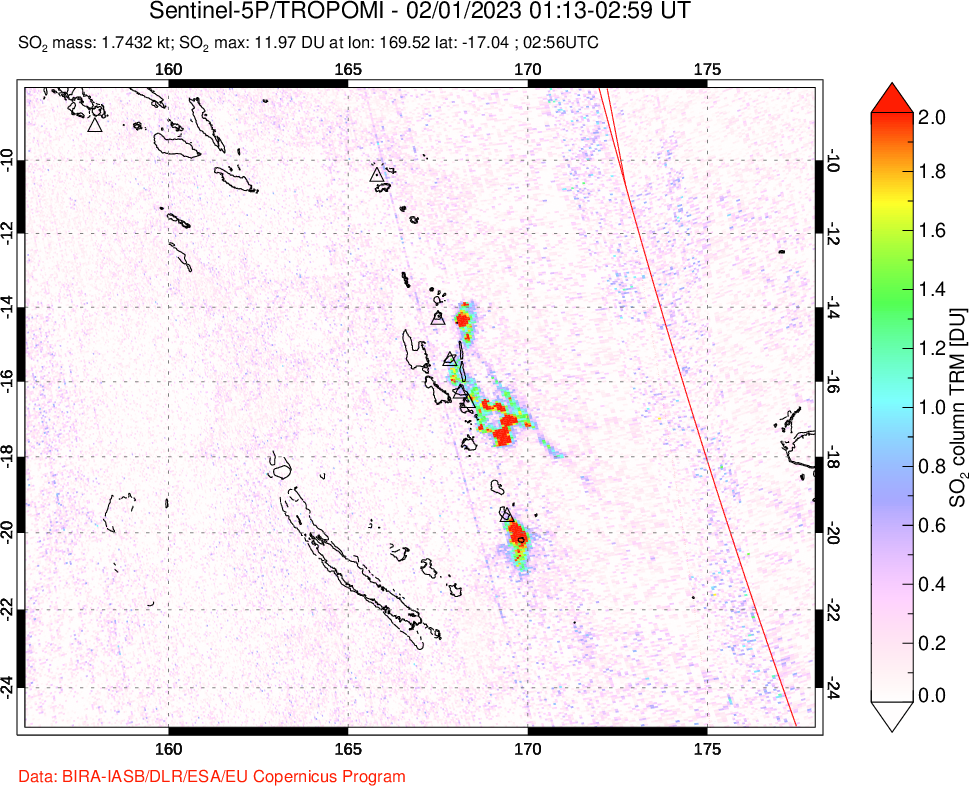 A sulfur dioxide image over Vanuatu, South Pacific on Feb 01, 2023.