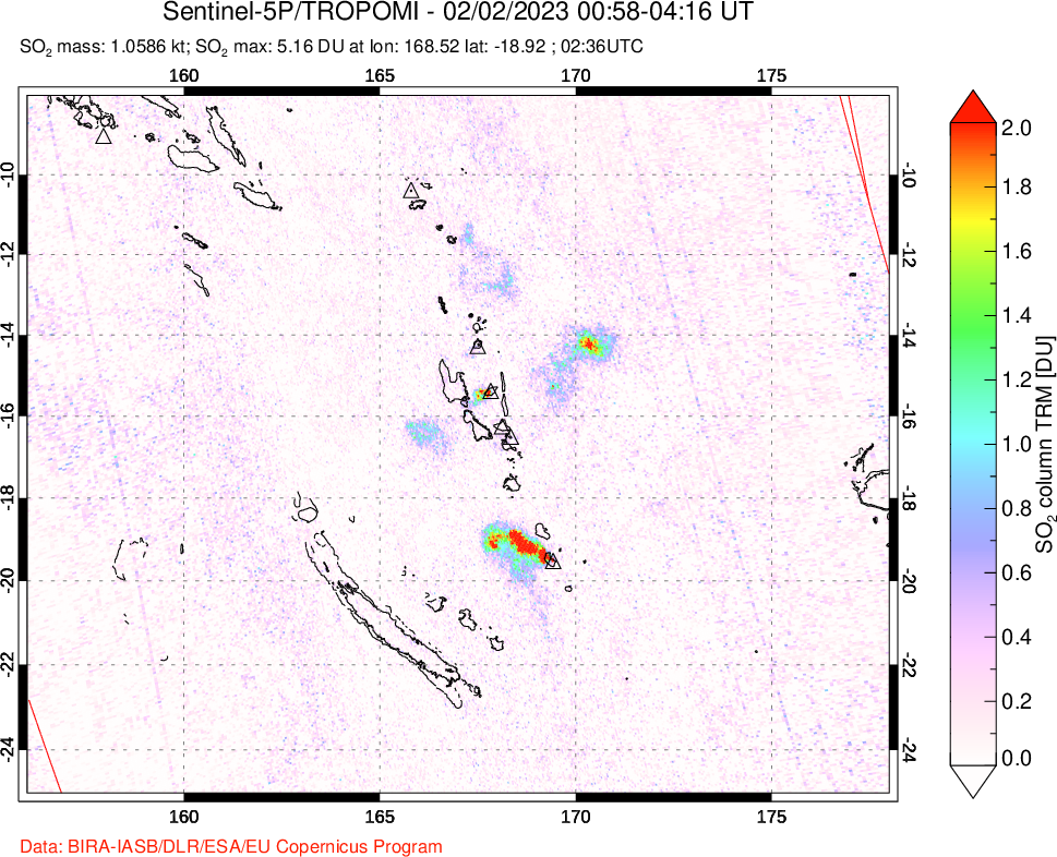 A sulfur dioxide image over Vanuatu, South Pacific on Feb 02, 2023.
