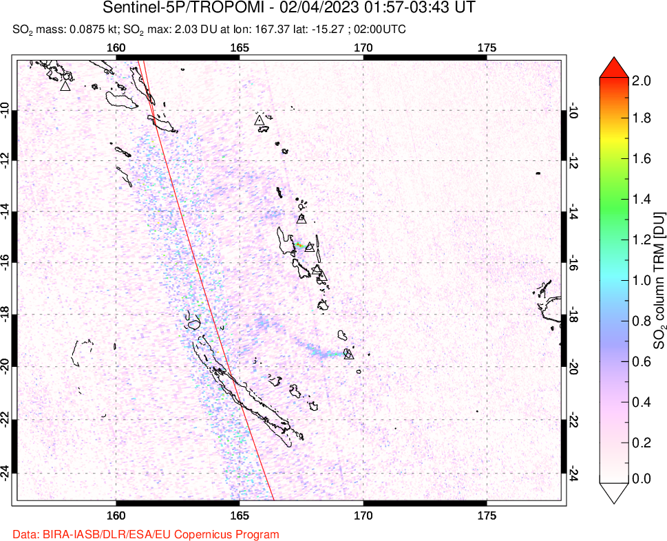 A sulfur dioxide image over Vanuatu, South Pacific on Feb 04, 2023.