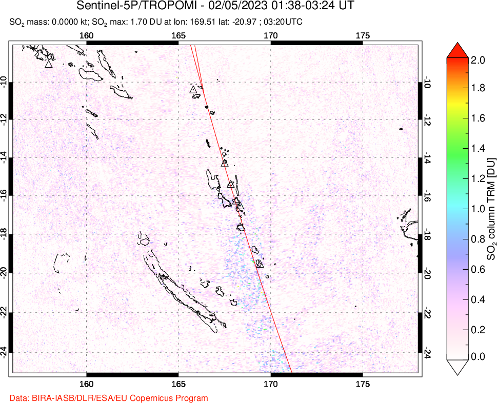 A sulfur dioxide image over Vanuatu, South Pacific on Feb 05, 2023.