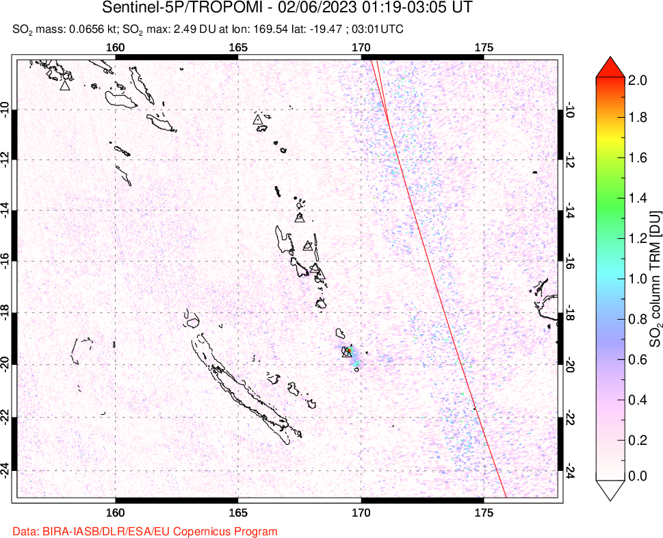 A sulfur dioxide image over Vanuatu, South Pacific on Feb 06, 2023.
