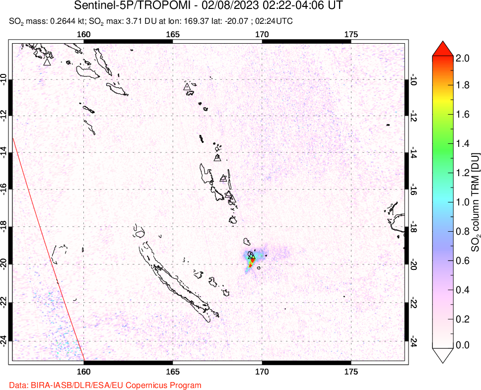 A sulfur dioxide image over Vanuatu, South Pacific on Feb 08, 2023.