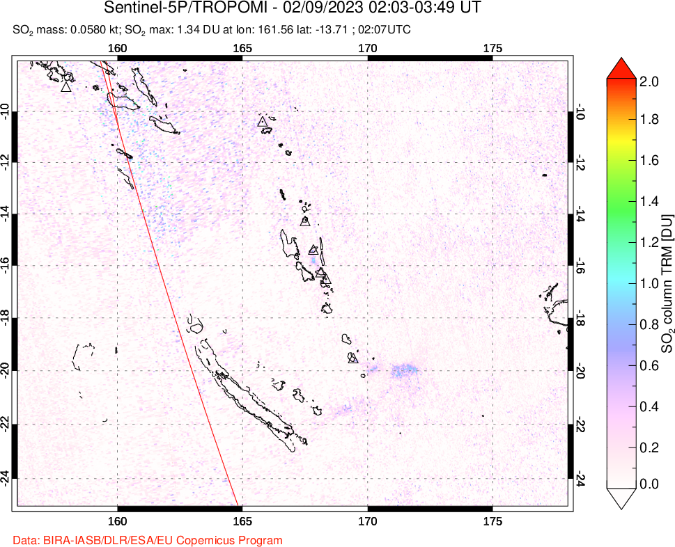 A sulfur dioxide image over Vanuatu, South Pacific on Feb 09, 2023.