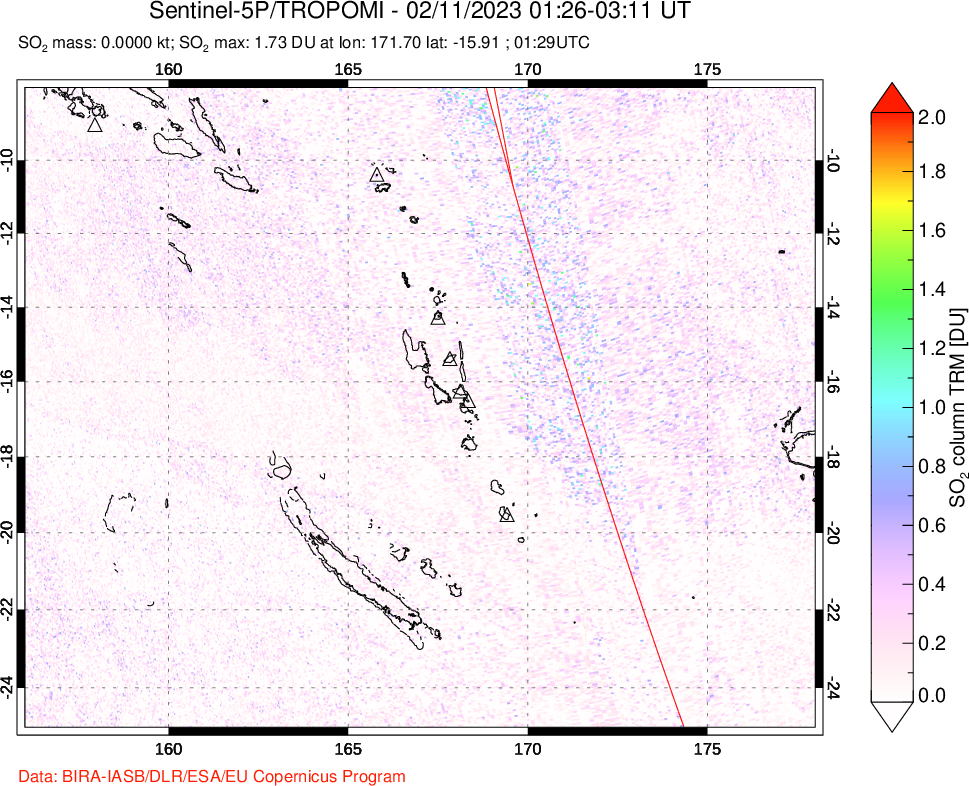 A sulfur dioxide image over Vanuatu, South Pacific on Feb 11, 2023.