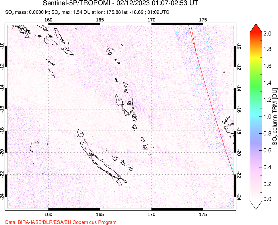 A sulfur dioxide image over Vanuatu, South Pacific on Feb 12, 2023.