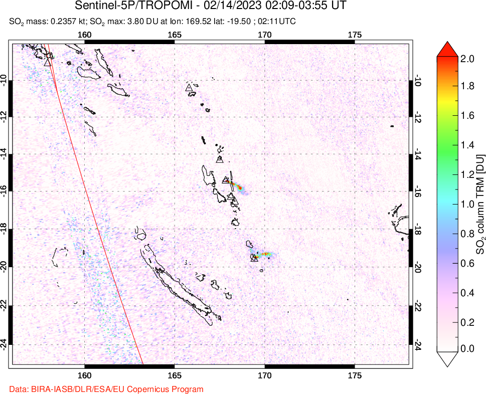 A sulfur dioxide image over Vanuatu, South Pacific on Feb 14, 2023.