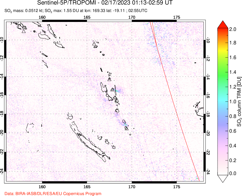 A sulfur dioxide image over Vanuatu, South Pacific on Feb 17, 2023.