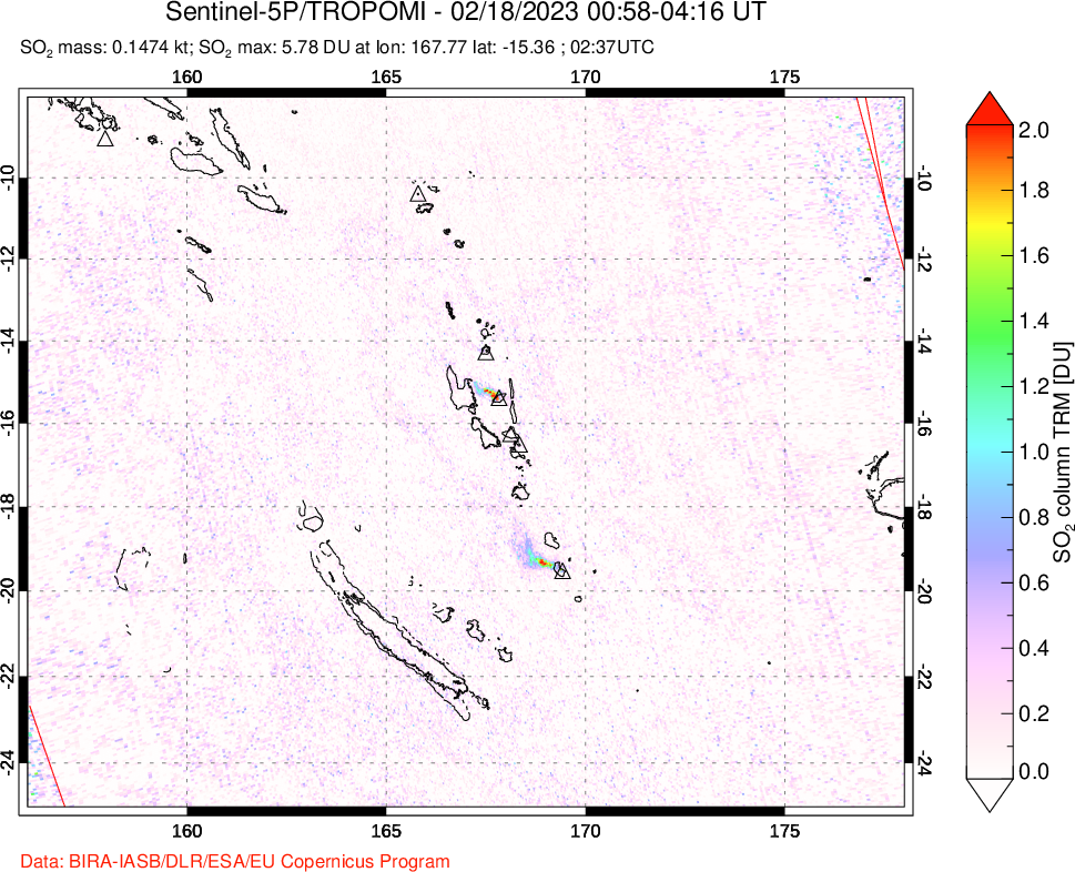 A sulfur dioxide image over Vanuatu, South Pacific on Feb 18, 2023.