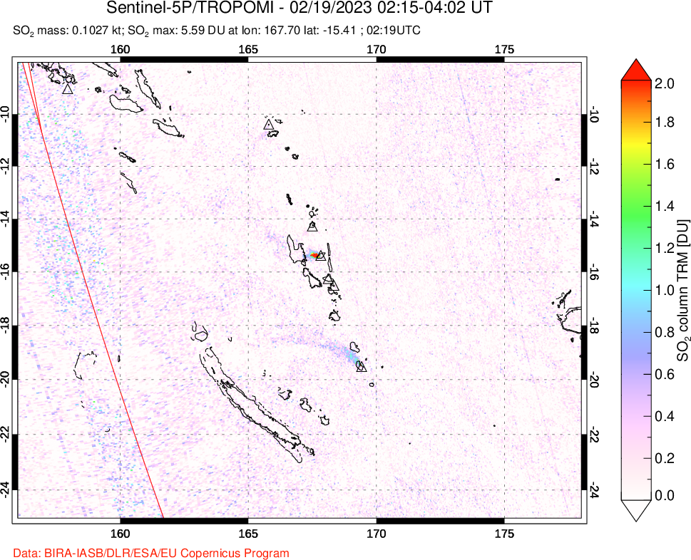 A sulfur dioxide image over Vanuatu, South Pacific on Feb 19, 2023.
