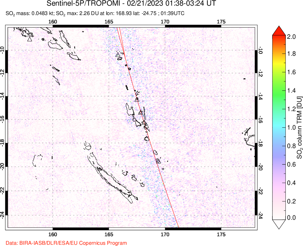 A sulfur dioxide image over Vanuatu, South Pacific on Feb 21, 2023.