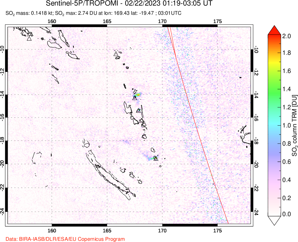 A sulfur dioxide image over Vanuatu, South Pacific on Feb 22, 2023.