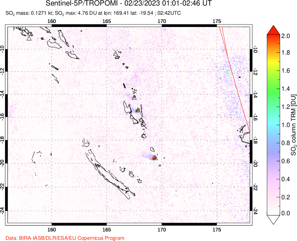 A sulfur dioxide image over Vanuatu, South Pacific on Feb 23, 2023.