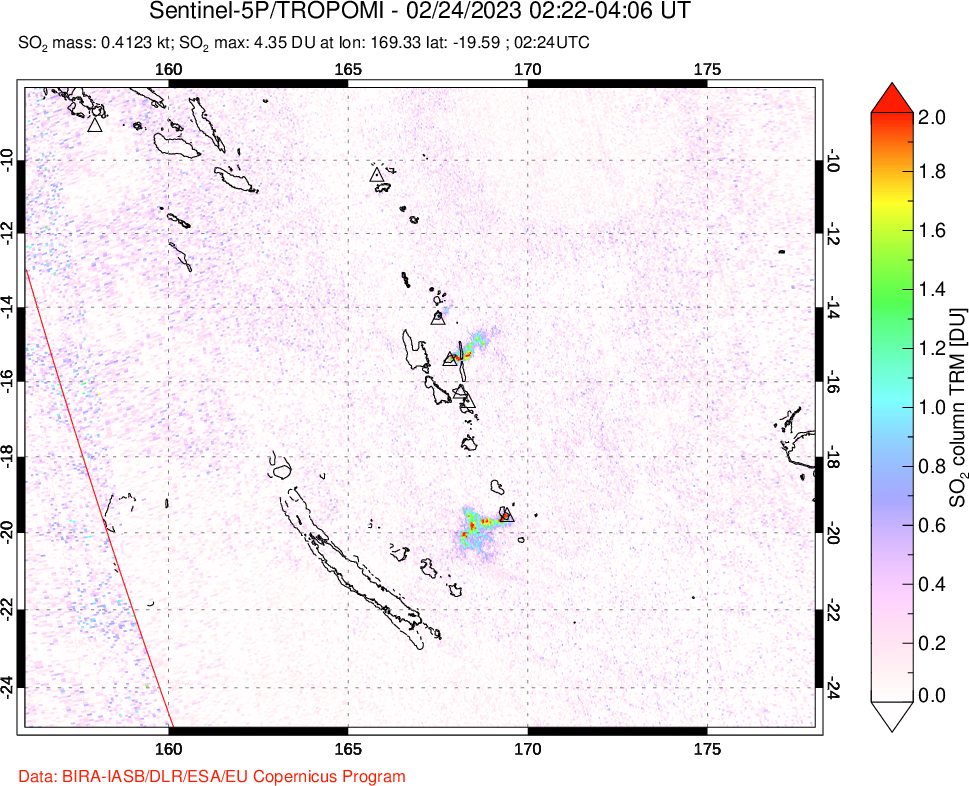 A sulfur dioxide image over Vanuatu, South Pacific on Feb 24, 2023.