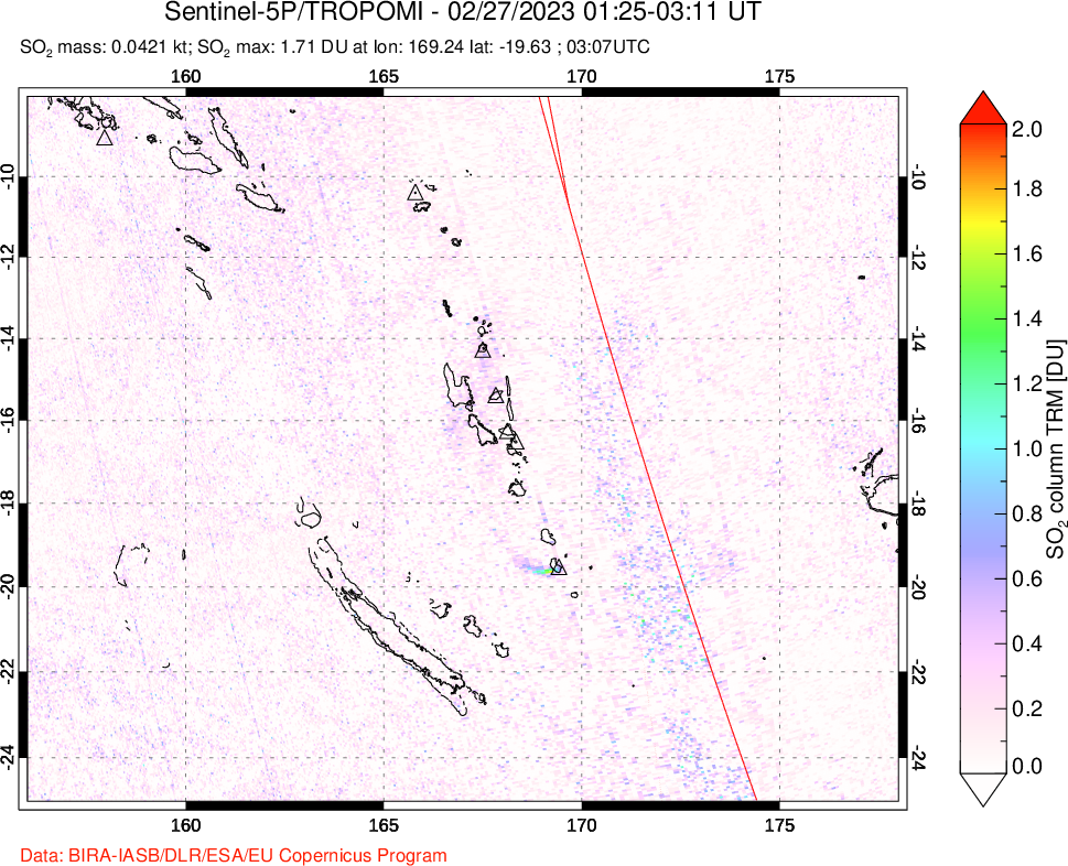 A sulfur dioxide image over Vanuatu, South Pacific on Feb 27, 2023.