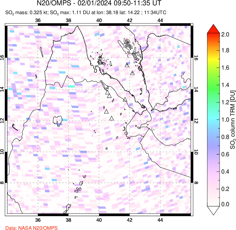 A sulfur dioxide image over Afar and southern Red Sea on Feb 01, 2024.