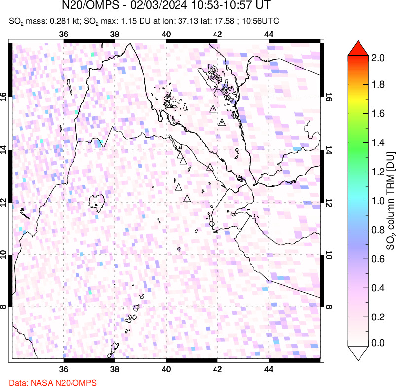 A sulfur dioxide image over Afar and southern Red Sea on Feb 03, 2024.