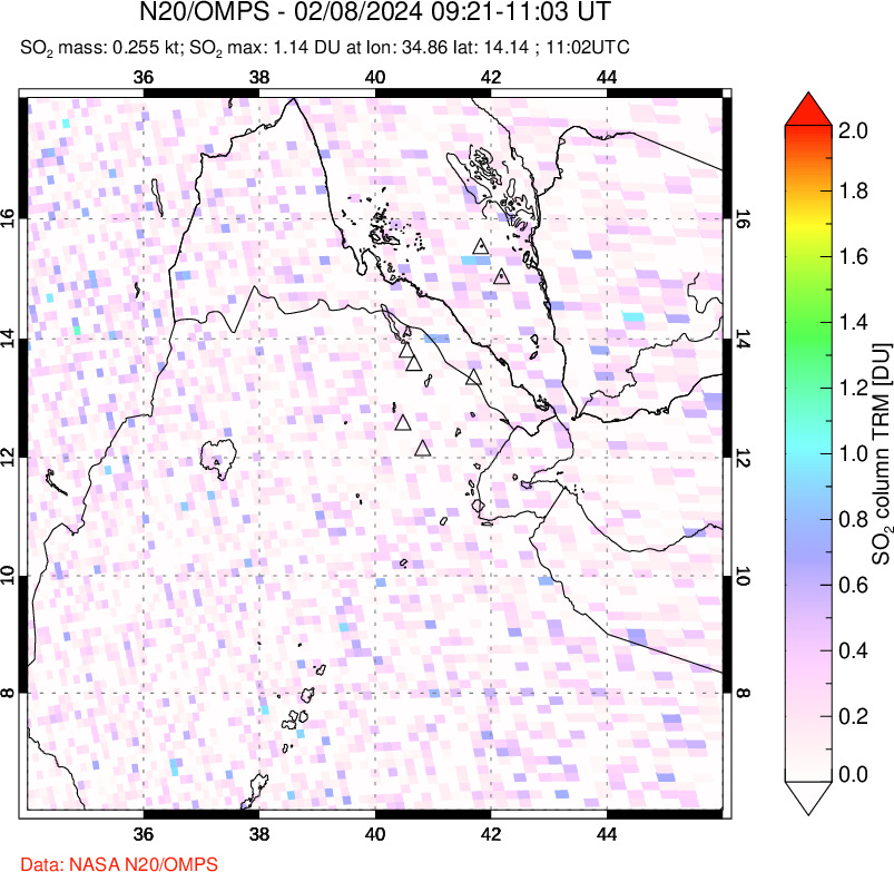 A sulfur dioxide image over Afar and southern Red Sea on Feb 08, 2024.