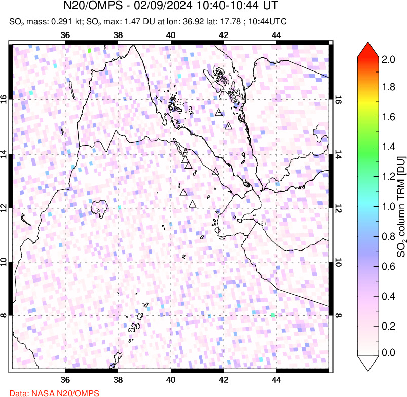 A sulfur dioxide image over Afar and southern Red Sea on Feb 09, 2024.