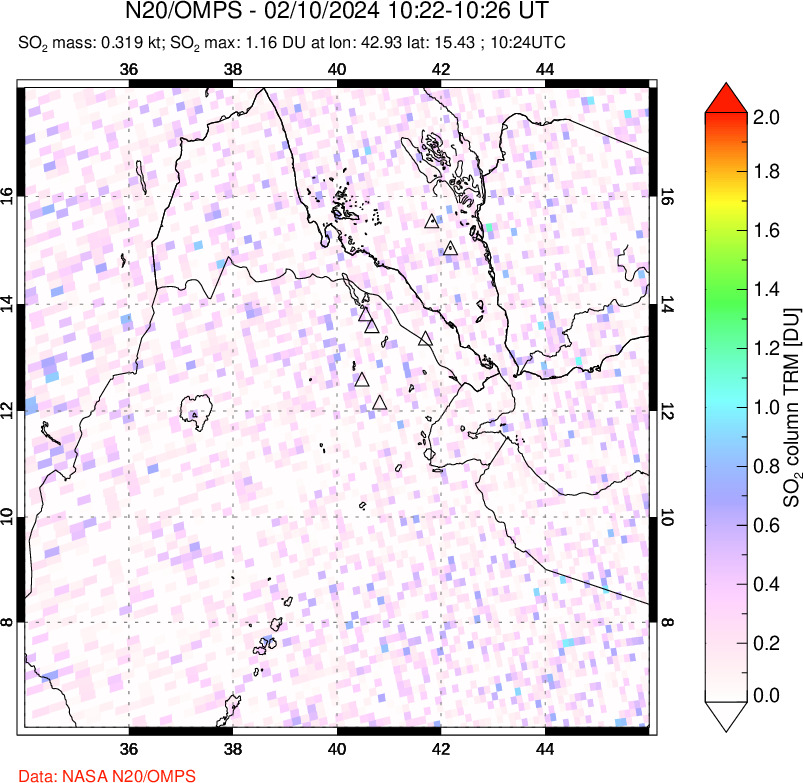 A sulfur dioxide image over Afar and southern Red Sea on Feb 10, 2024.