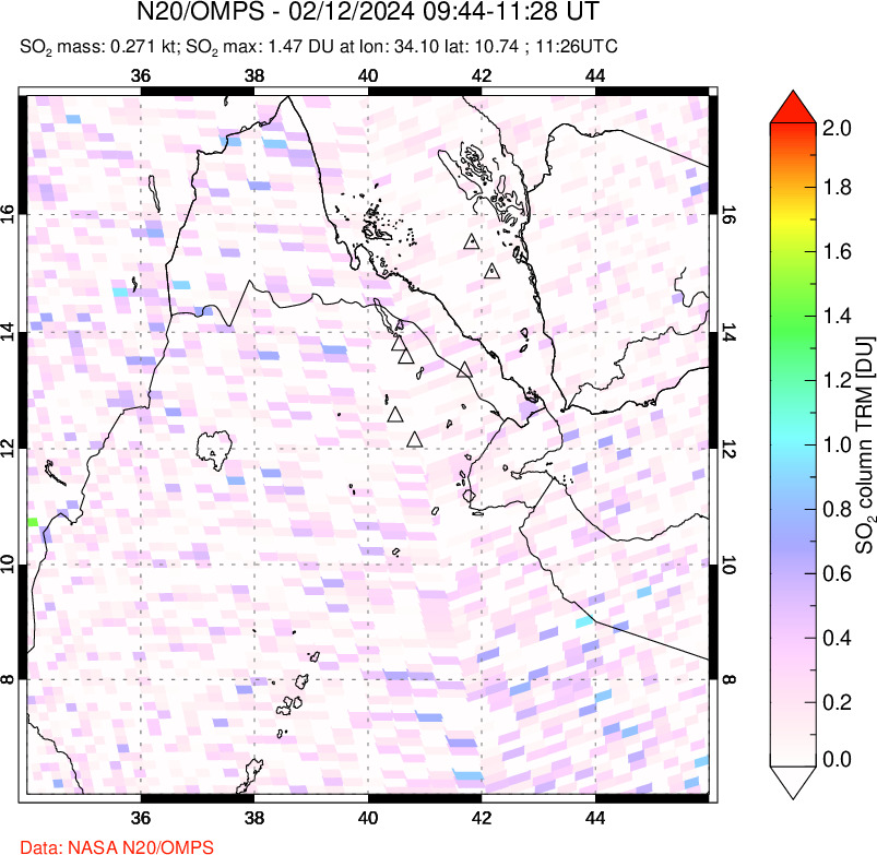 A sulfur dioxide image over Afar and southern Red Sea on Feb 12, 2024.