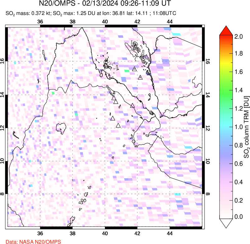 A sulfur dioxide image over Afar and southern Red Sea on Feb 13, 2024.