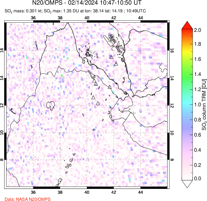 A sulfur dioxide image over Afar and southern Red Sea on Feb 14, 2024.