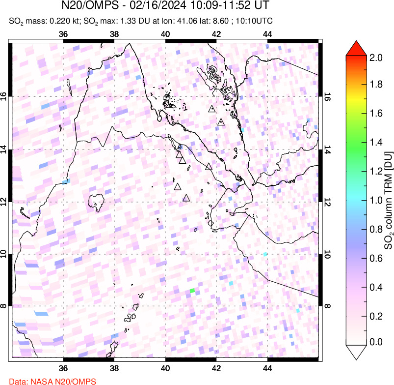 A sulfur dioxide image over Afar and southern Red Sea on Feb 16, 2024.