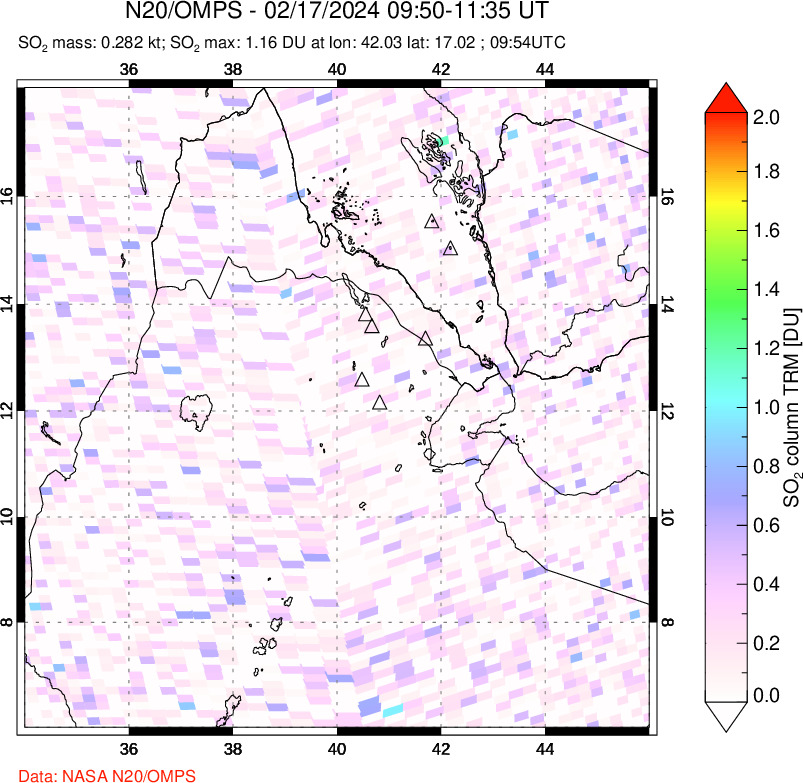 A sulfur dioxide image over Afar and southern Red Sea on Feb 17, 2024.