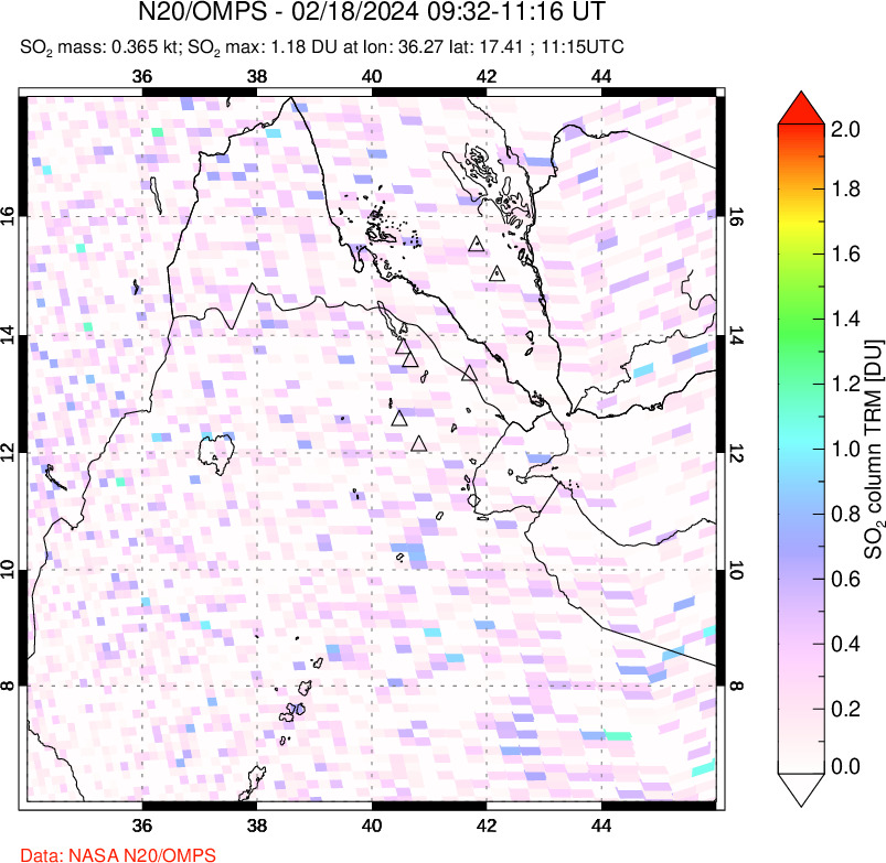 A sulfur dioxide image over Afar and southern Red Sea on Feb 18, 2024.