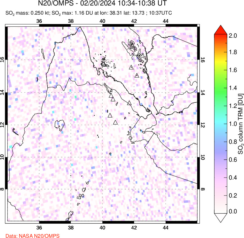 A sulfur dioxide image over Afar and southern Red Sea on Feb 20, 2024.