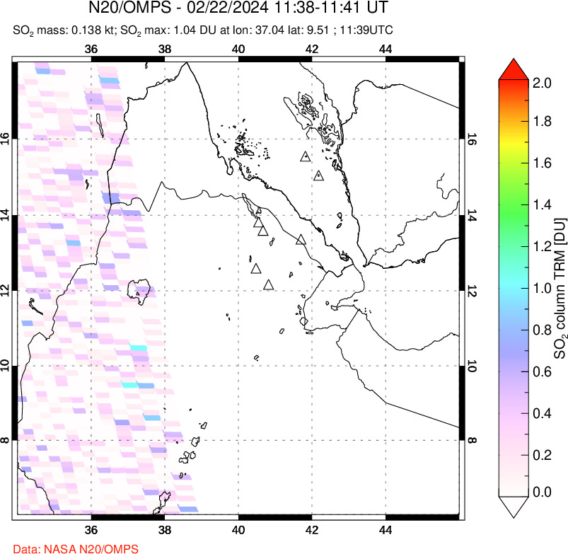 A sulfur dioxide image over Afar and southern Red Sea on Feb 22, 2024.