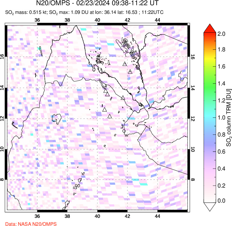 A sulfur dioxide image over Afar and southern Red Sea on Feb 23, 2024.