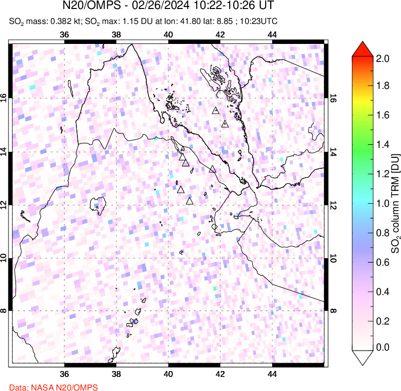 A sulfur dioxide image over Afar and southern Red Sea on Feb 26, 2024.