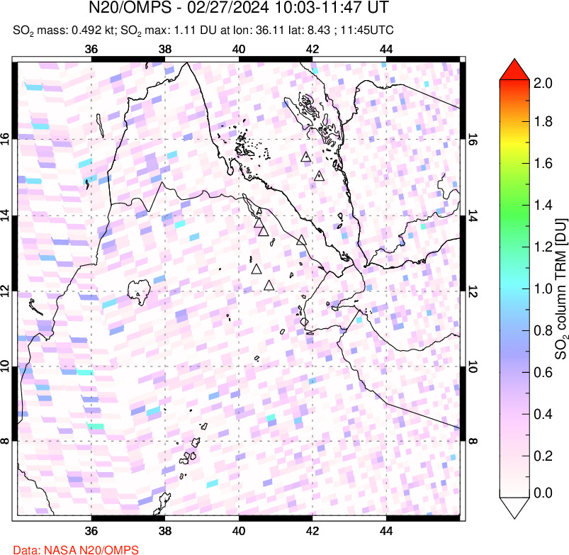 A sulfur dioxide image over Afar and southern Red Sea on Feb 27, 2024.