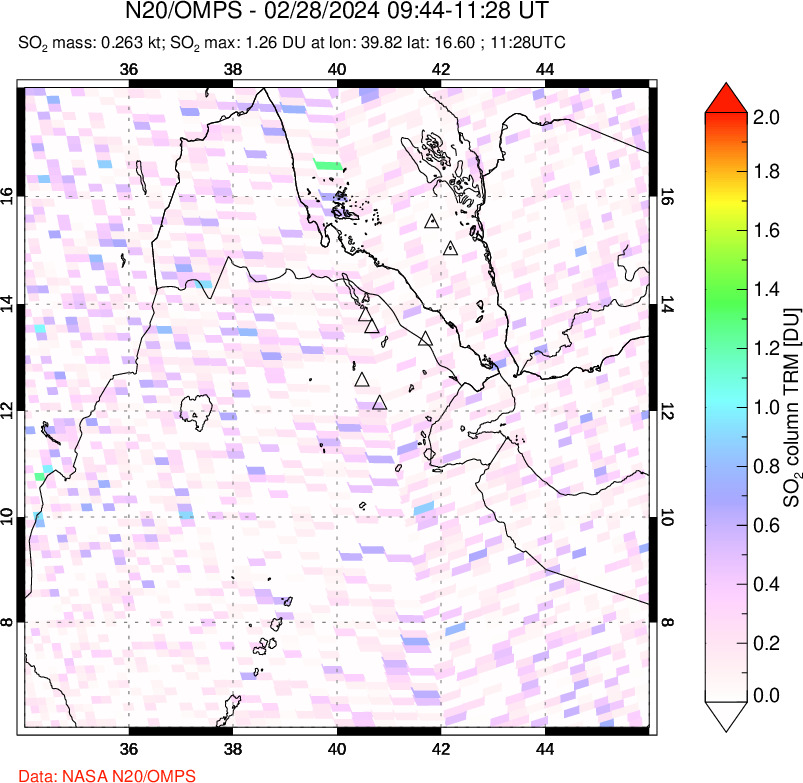 A sulfur dioxide image over Afar and southern Red Sea on Feb 28, 2024.