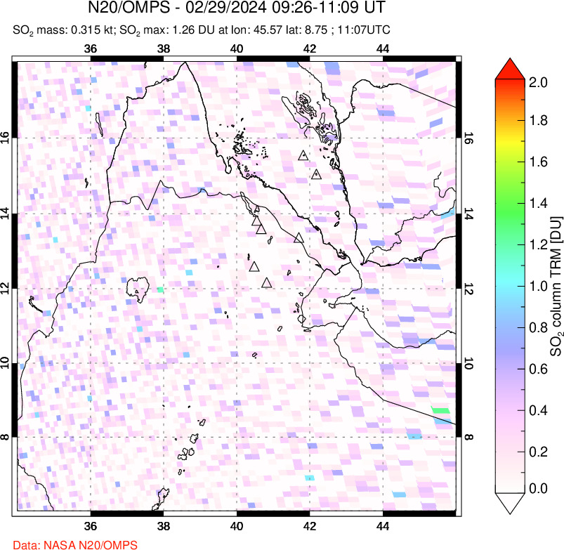 A sulfur dioxide image over Afar and southern Red Sea on Feb 29, 2024.