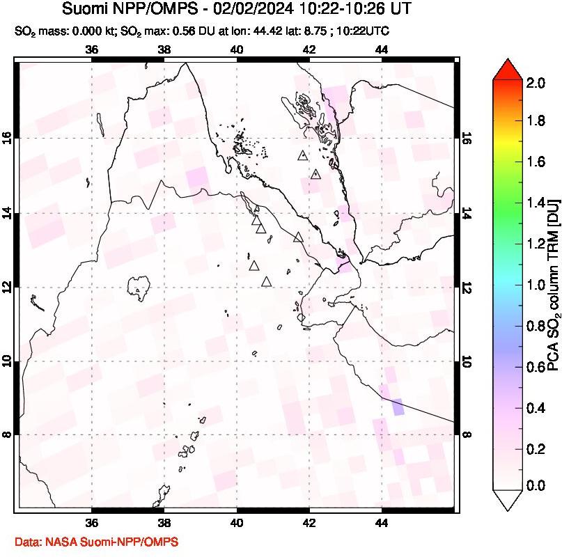 A sulfur dioxide image over Afar and southern Red Sea on Feb 02, 2024.