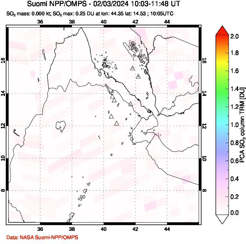 A sulfur dioxide image over Afar and southern Red Sea on Feb 03, 2024.