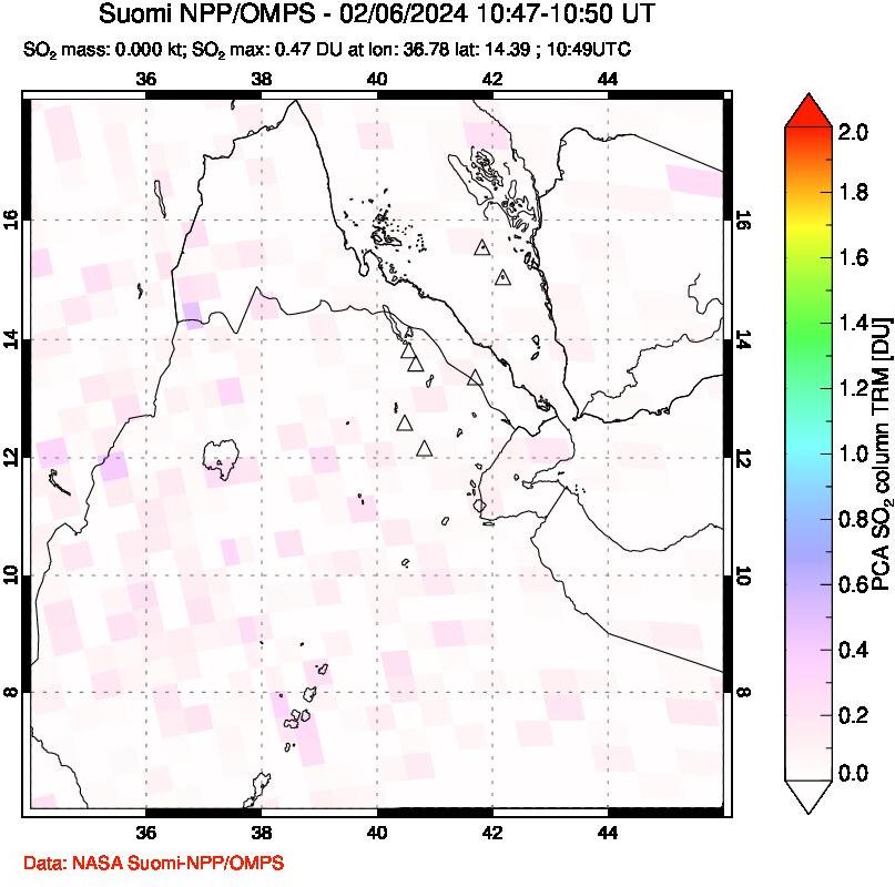 A sulfur dioxide image over Afar and southern Red Sea on Feb 06, 2024.