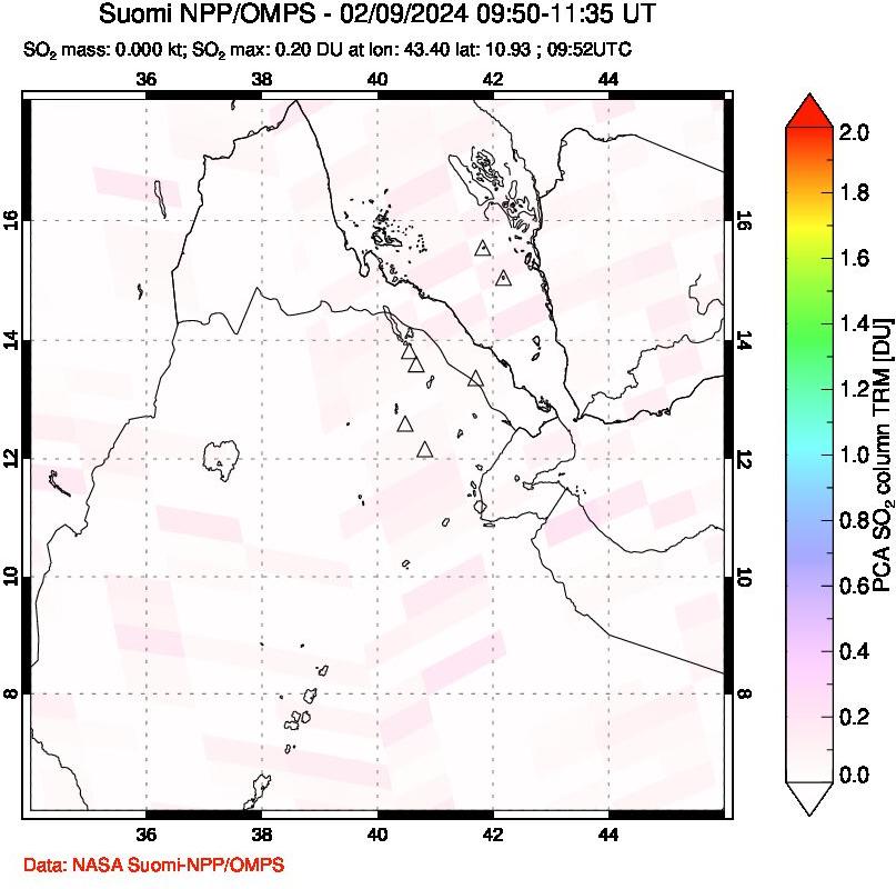 A sulfur dioxide image over Afar and southern Red Sea on Feb 09, 2024.